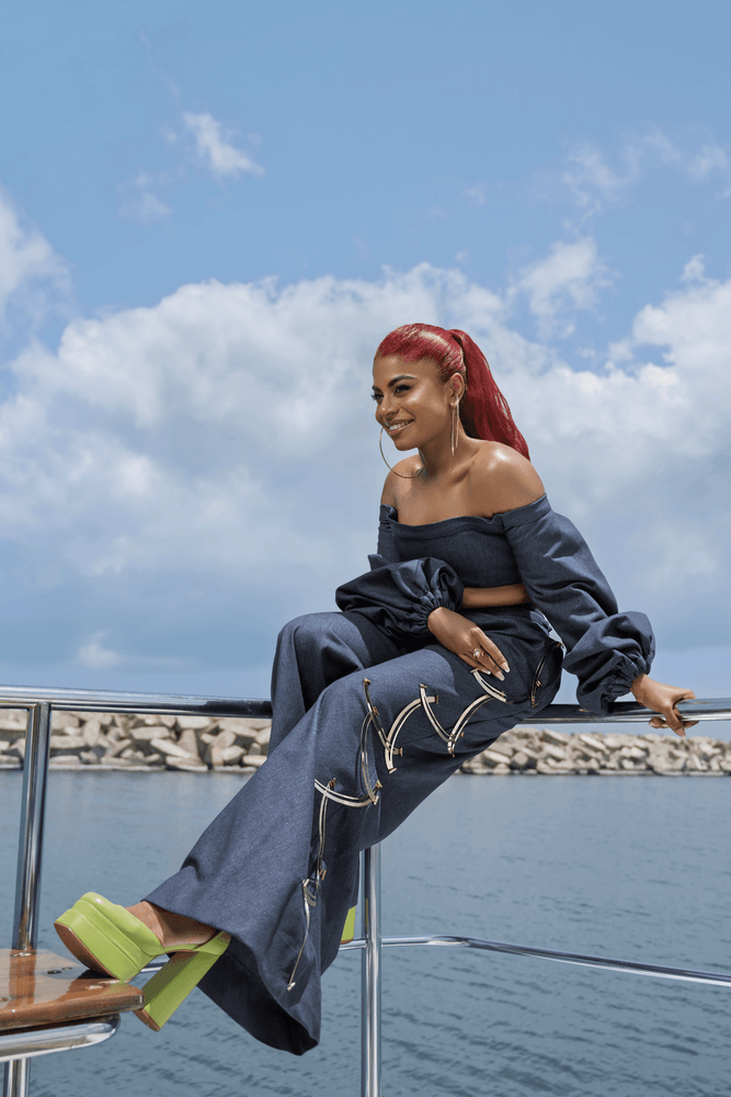 Amilani Perera top and pants, TammyZ hoop earrings, Lavalier ring, Umaria’s own shoes.